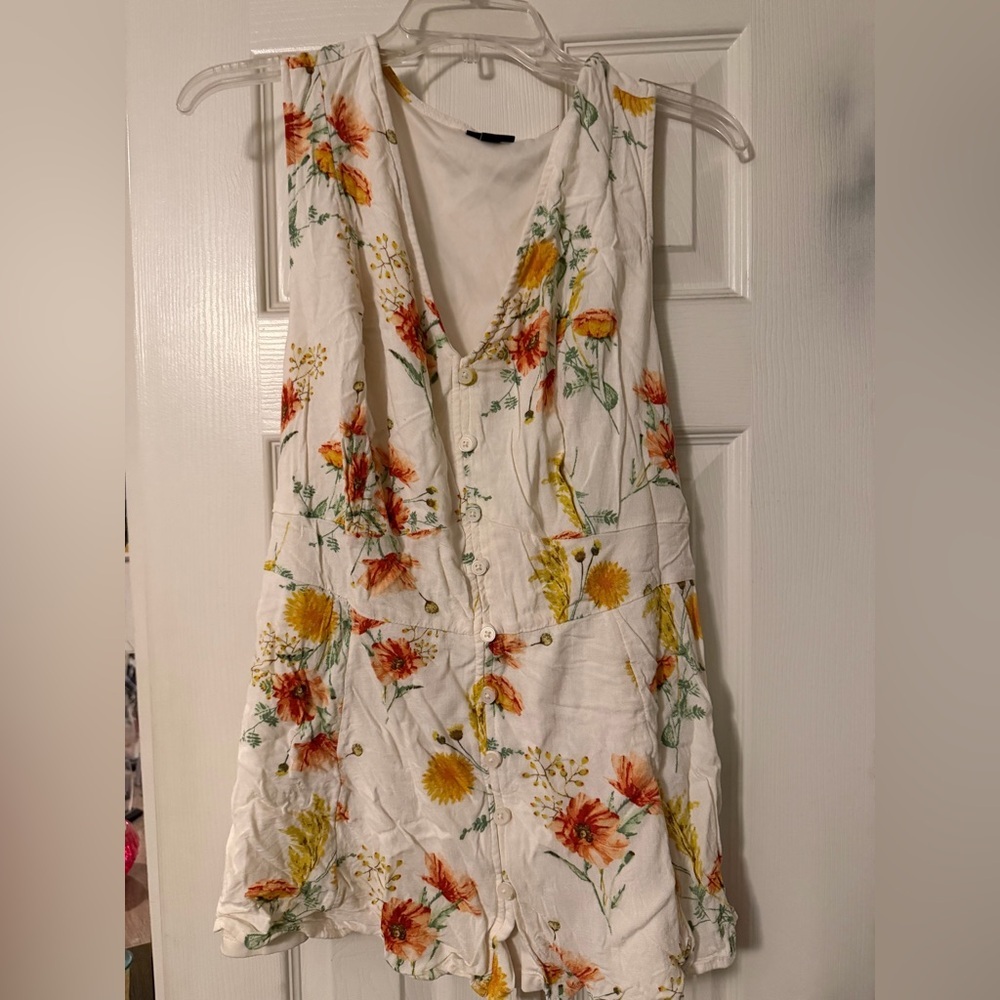 White Floral Button Top with Yellow & Orange Blooms